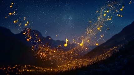 Vibrant golden musical notes float in the air over a peaceful mountain landscape under a starry sky. A magical melody seems to echo through the glowing night, illuminating the quiet scene with a sense