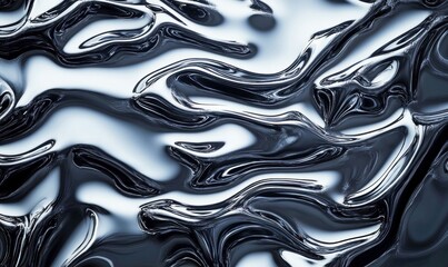 Dynamic liquid metal abstract features fluid curves, reflections, and a striking metallic texture.