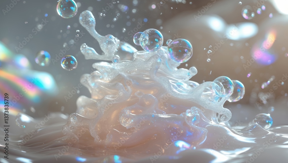 Poster droplets and swirls create mesmerizing patterns in clear liquid against a soft background at daytime