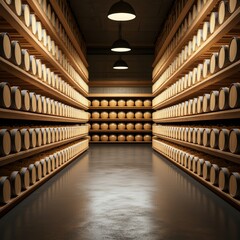 A dimly lit storage room featuring rows of wooden barrels on shelves, creating a warm and inviting atmosphere.