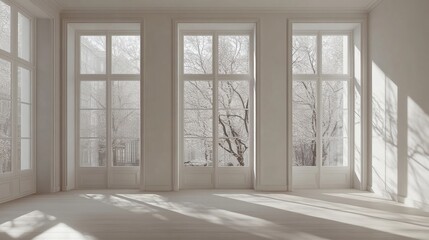 Empty room bathed in light with snowy views outside windows