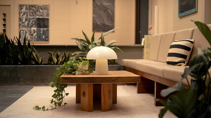 Modern minimalist living room scene Natural light cozy seating wooden accents