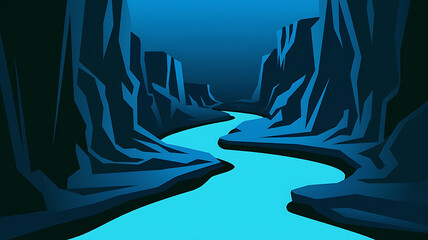 Nighttime canyon river stylized vibrant blues minimalist design