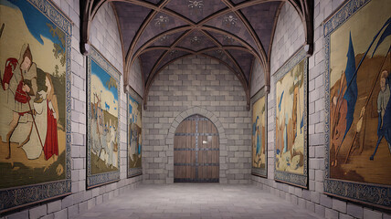 Medieval corridor with tapestries arched stone walls and a wooden door