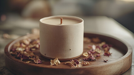 Scented Candle on Wooden Tray Adorned with Flower Petals. Serene and aromatic ambiance for relaxation.
