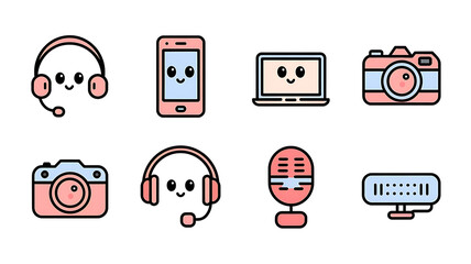 Cute kawaii tech icons Digital devices flat design style