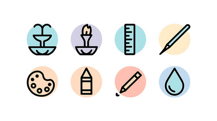 Cute colorful icons representing art supplies