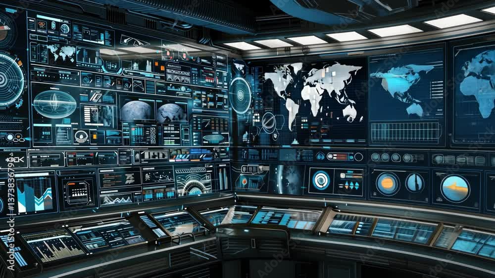 Poster high-tech control room features multiple screens showing maps, data points, and analytics, focusing 