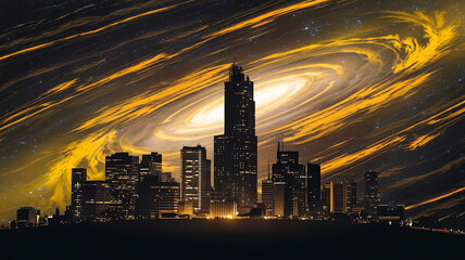 Cosmic cityscape Night city swallowed by swirling galaxy
