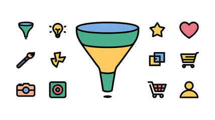 Funnel marketing icons colorful flat design creative process customer journey