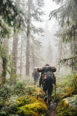 Obraz premium In a dense, mist-covered forest, two hikers trek along a mossy trail, surrounded by towering trees and soft foliage on a cool morning