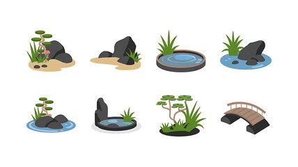 Japanese Garden Elements: Water features rocks trees bridge Flat design