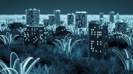 Futuristic city nestled in a lush plant-filled landscape
