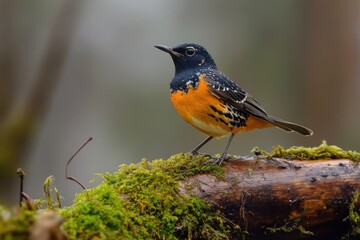 Varied Thrush: Male Adult Avifauna perched on a Moss-covered Log in Foggy Forest