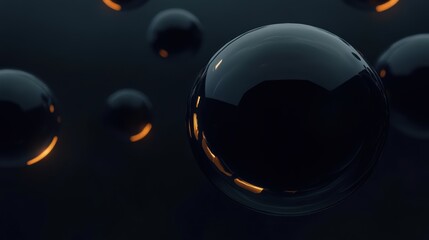 Floating dark spheres with glowing edges creating a mysterious atmosphere in a dimly lit space
