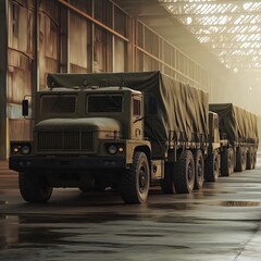 Logistic trucks lined up inside a sunlit military warehouse
