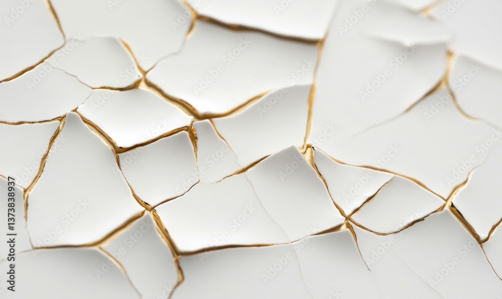 Poster intricate cracks with gold seams form a unique kintsugi pattern, creating a compelling textured surf