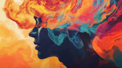 A striking digital artwork depicting a human silhouette enveloped in abstract, vibrant flames and smoke. The colorful composition creates a surreal, dreamlike atmosphere, blending bright hues with