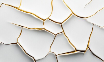 Detailed kintsugi showcases the art of repairing broken white pottery with golden lines.