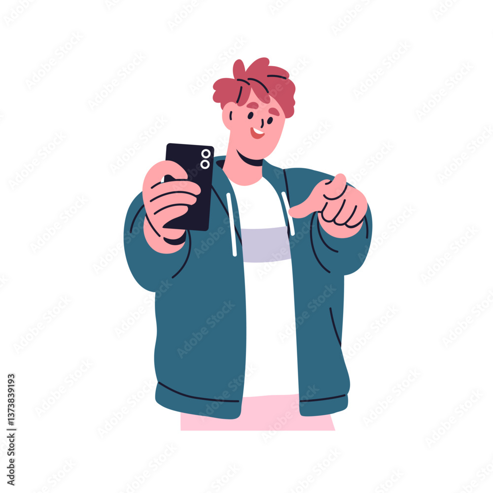 Poster happy man pointing finger at you, smiling, taking capturing photo on mobile phone camera. photograph