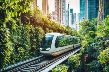 Naklejka premium Stock photo of a high-speed train traveling through a futuristic green corridor, surrounded by eco-friendly urban architecture and lush vertical gardens 