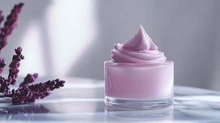 Pink cream on a marble surface, beside purple flowers, evokes serenity and self-care moments.