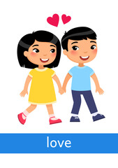 Love - concept of emotion. Little children in love holding hands. Learning English language. Children psychology. Cute cartoon character