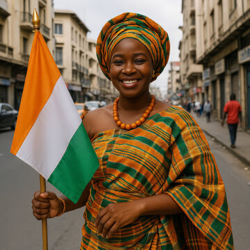 A joyful woman holds ivory coast flag, wearing traditional attire with vibrant patterns. She proudly holds the flag and smiles, showcasing her cultural pride Generative AI