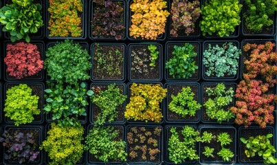Aerial view of a vibrant urban garden with organized plant beds.