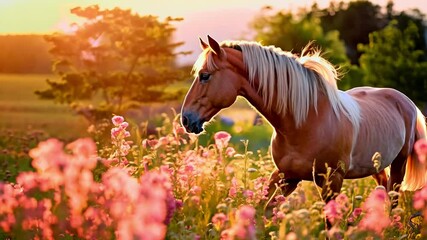 A beautiful, noble horse in vibrant meadow colours. Perfect for wildlife documentaries, conservation campaigns or any project that seeks to evoke the mystery and power of this animal - Powered by Adobe
