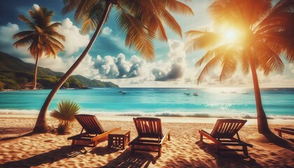 Obraz premium Tropical sea beach view, beach furniture, sun loungers in southern holiday landscape, summer vacation