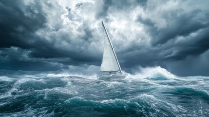 A lone sailboat facing the fury of nature, sailing through rough ocean waters under a sky filled with dark, churning clouds. The scene is intense and full of motion, showcasing the harshness of the