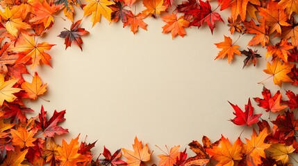 Fototapeta premium Clean and top-down view of a circle of autumn leaves forming a beautiful natural composition for seasonal decor