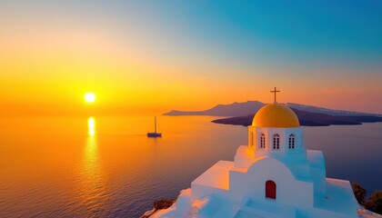 Fototapeta premium A stunning sunset view over the ocean, featuring a white building with a golden dome, set against a serene landscape and calm waters.