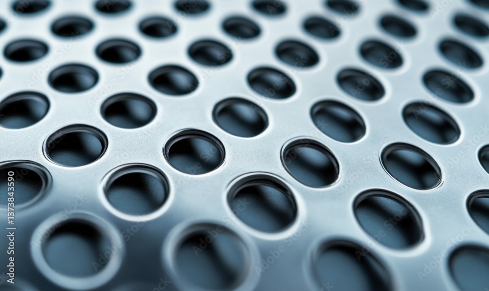 Poster a macro shot showcases a metallic surface intricately perforated with a repetitive circular pattern.