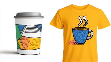 Colorful Coffee Cup and T-Shirt with Playful Graphic Design