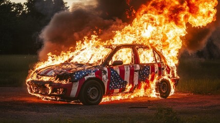 A car painted with the American flag is fully ablaze, with fierce flames and thick smoke billowing into the air. The patriotic design juxtaposed with the destruction makes this image a powerful