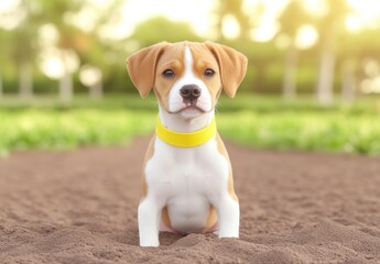 Cute Beagle Puppy Sitting on Brown Soil in Sunny Outdoor Park