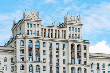 Center tower of Kotelnicheskaya embankment building. Residential building on Kotelnicheskaya embankment.
