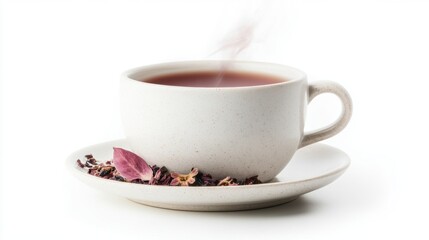 Fototapeta premium herbal coffee art, an isolated white background accentuates a steaming herbal coffee cup on a saucer
