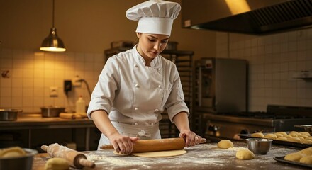 Female pastry chef rolling dough in bakery kitchen with warm lighting