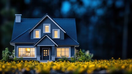 A small house with a blue roof and white trim sits in a field of yellow flowers. real state banner concept