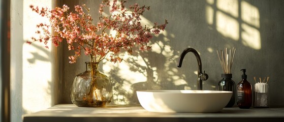 A minimalist washroom basks in gentle sunlight, highlighted by a vase of blooming branches, creating a serene, elegant atmosphere.