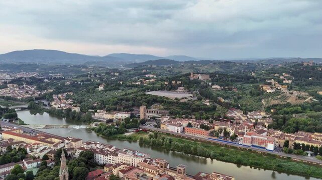 Aerial view of Piazzale Michelangelo at sunrise, Florence, Tuscany, Italy. High quality footage in 4k format