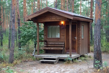 A cozy wooden cabin nestled in a lush forest, surrounded by tall trees, offering a tranquil retreat in nature.
