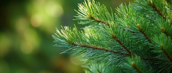 Fototapeta premium Sunlit pine needles glimmering with freshness stand out against a softly blurred bokeh backdrop, capturing the serene essence of nature.