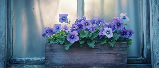 Fototapeta premium Rustic wooden flower box brimming with vibrant purple and blue blooms against a misty window backdrop.