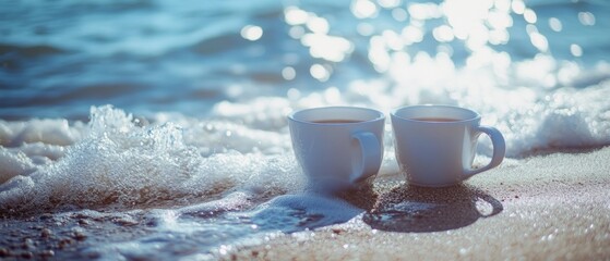 Two coffee cups rest on the sunlit shore, as gentle waves lap at their bases, embodying a peaceful seaside moment.