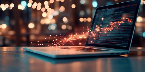 Close-up of a laptop displaying vibrant coding while sparkling elements emerge, set in a contemporary workspace with soft city lights in the background