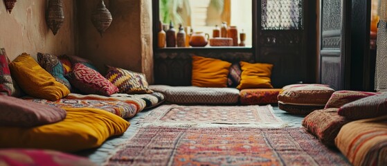 Sunlight spills into a cozy room adorned with vibrant, earthy cushions, inviting warmth and relaxation in a culturally rich setting.